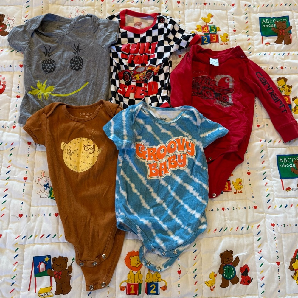 12 months onsies, Carhartt, Disney Cars, groovy baby